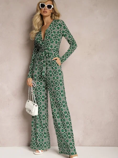 Salopeta cu imprimeu geometric cu pantaloni largi și în talie Soliti verde