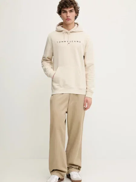 Tommy Jeans pulover s kapuco z bombažem bež