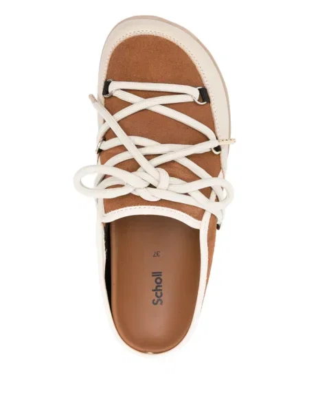 Домашни пантофи Scholl с връзки на платформе с дантела кафяво