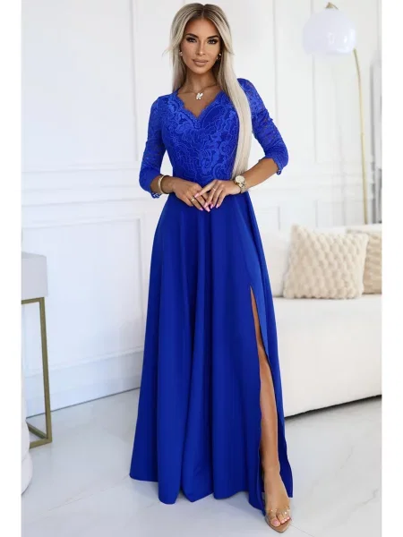 Jantárové elegantné dlhé maxi šaty Numoco modrá