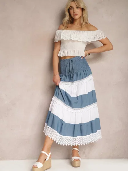 Niebiesko-Biała Spódnica z Bawełny w Stylu Boho z Gumką i Sznurkiem w Talii Uvinia biała