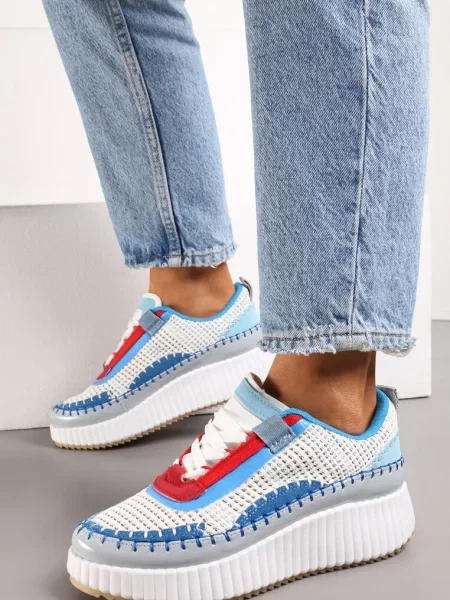 Sneakers Alb-Bleumarin cu Platformă Decorați cu Ținte și Inserții Patchwork Jeneria alb