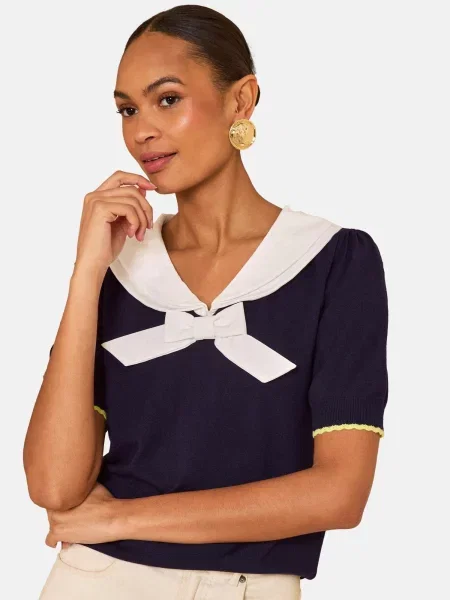 Love & roses Pulover bleumarin / galben neon alb