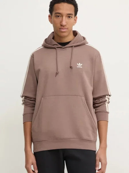 Суичър с качулка Adidas Originals на райета с качулка с апликация кафяво