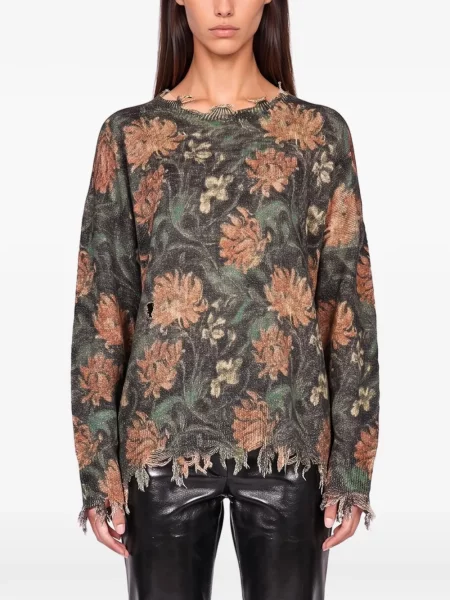 Sweter R13 z przetarciami w kwiatki czarny