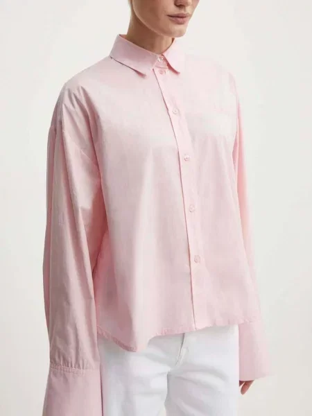 Риза Clara Fine Crispy Popli дамска със свободна кройка с класическа яка розово