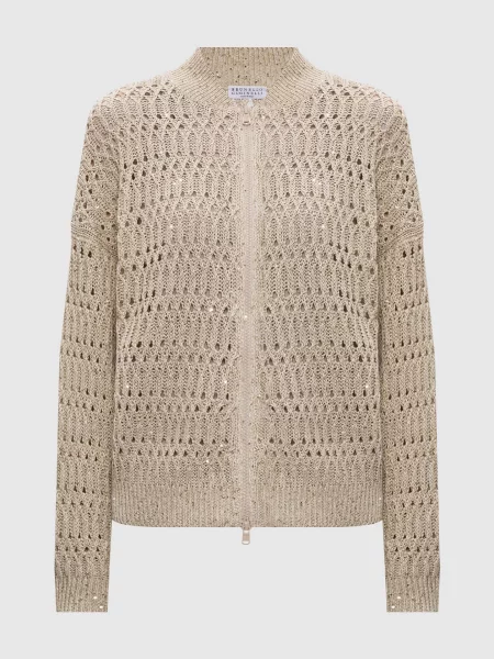 Ажурний кардиган з льону Brunello Cucinelli бежевий