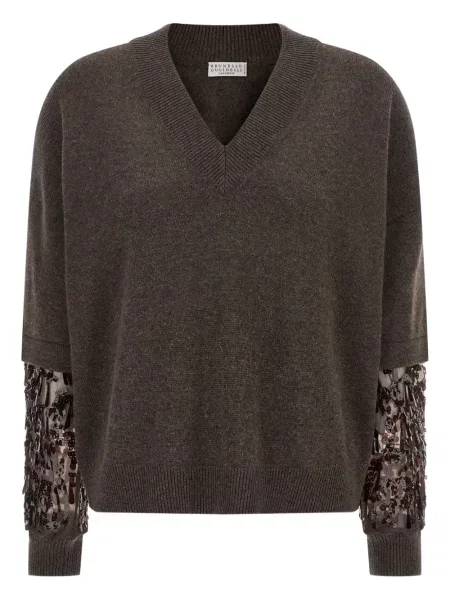 Pulover Brunello Cucinelli cu paiete din cașmir maro