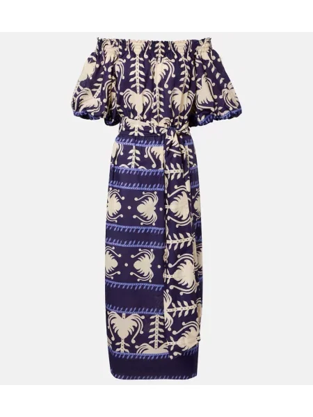 Rochie maxi Johanna Ortiz cu imagine din poplin de costum albastru