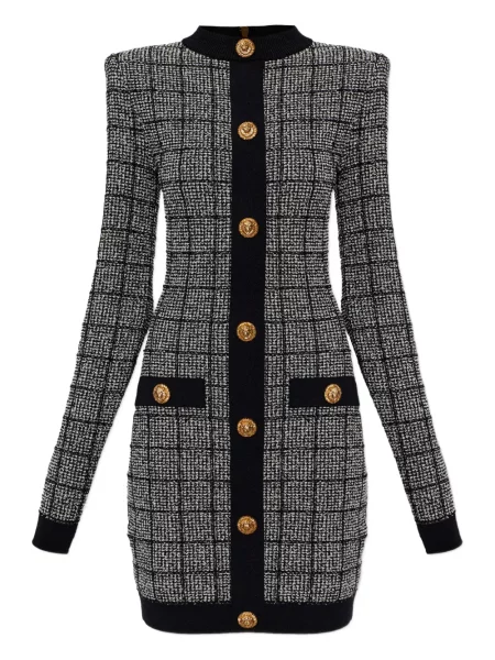 Rochie maxi Balmain în carouri lungă de costum gri