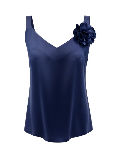 REGINA FASHION Top V-Neck Satin Top with 3D Flower Detail námornícka modrá
