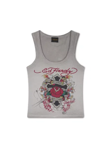 Ed Hardy Top In Memory Of When I Cared gri / verde / roşu închis negru