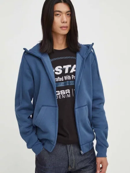 Pulover G-Star Raw mornarsko modra s kapuco črna