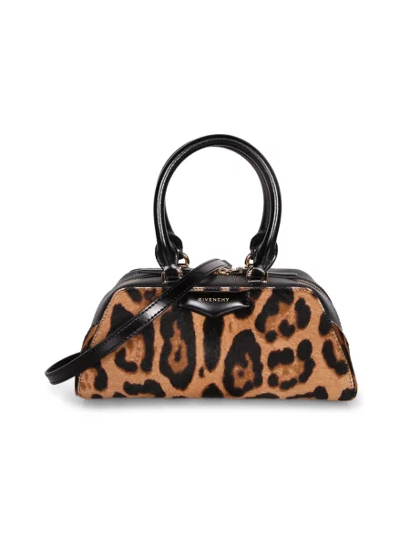 Mała torebka skórzana Givenchy Antigona z nadrukiem z nadrukiem zwierzęcym brązowa