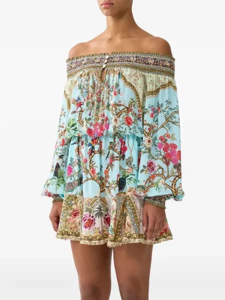 Mała sukienka mini Camilla z odkrytymi ramionami garniturowa niebieska