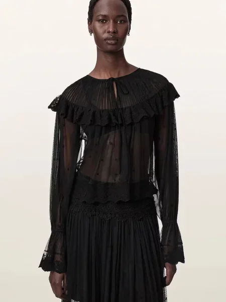 AllSaints bluză cu volane pentru femei din dantelă UNRULY SUSIE LS TEE negru
