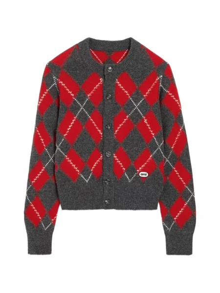 Cardigan Ami Paris de lână cu model argyle gri
