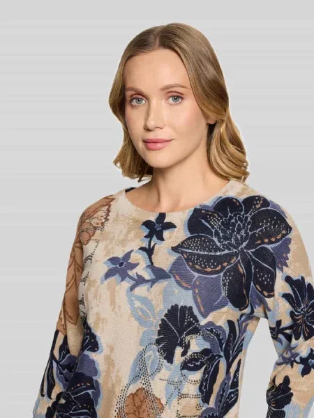 Sweter z dzianiny o kroju relaxed fit z bawełny z kwiatowym wzorem Betty Barclay beżowy