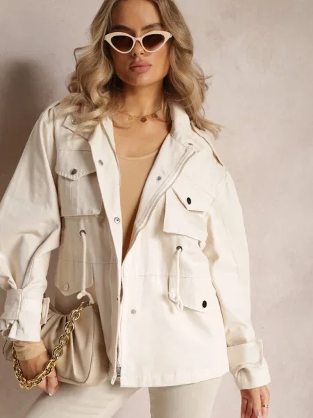 Jasnobeżowa Kurtka Parka z Dużymi Umaila beżowa