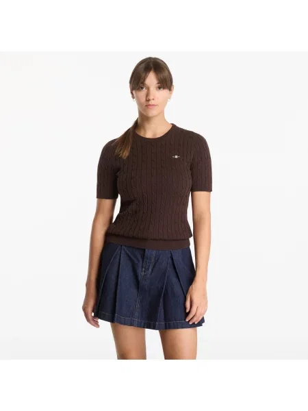 Svetr Gant Stretch Cotton Cable Ss C-Neck Dark Brown L hnědý