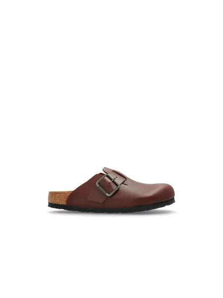 Klapki Birkenstock skórzane na sprzączkę brązowe