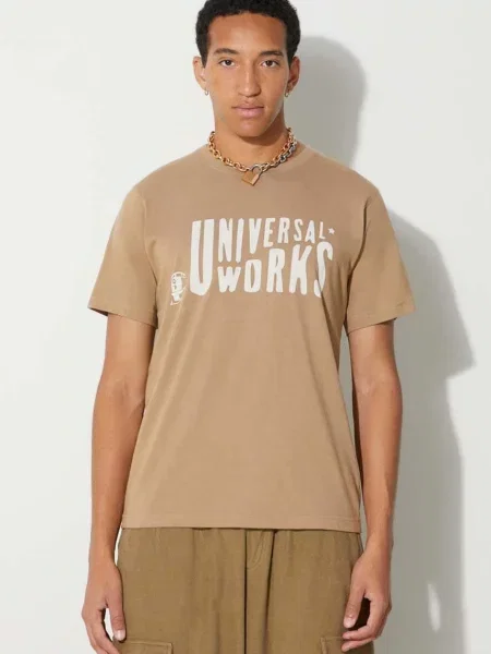 Футболка Universal Works Mystery Train Print Tee з принтом бежевий