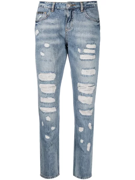 Jeansy boyfriendy Philipp Plein z przetarciami niebieskie