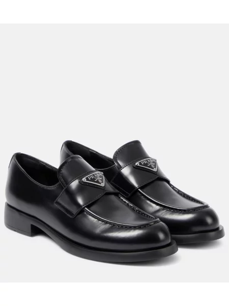 Usnjene loaferke Prada z avtogramom črna