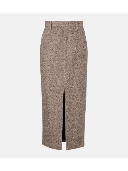 Fustă midi Brunello Cucinelli de lână până la genunchi maro