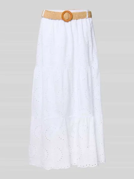 Sukienka midi z haftem angielskim i paskiem Zabaione biała