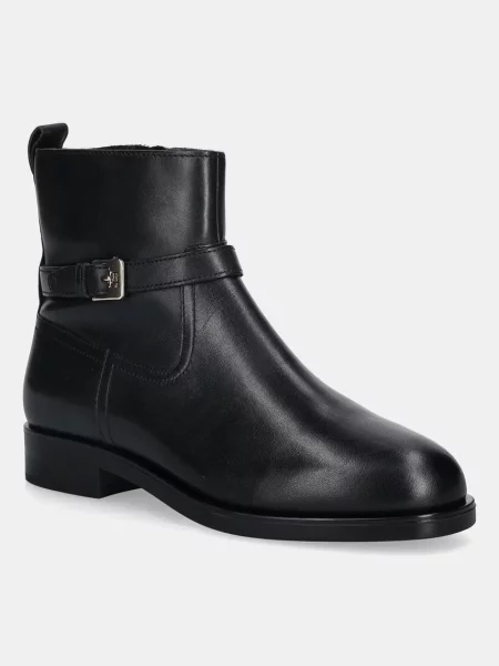 Tommy Hilfiger botki skórzane TH BUCKLE RIDING LEATHER BOOTIE na płaskim czarny