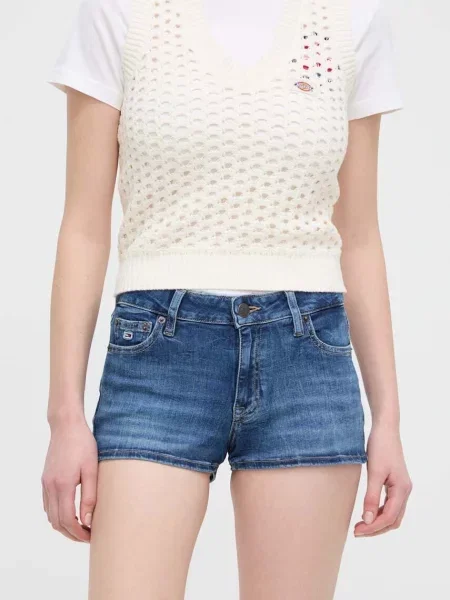 Дънков къс панталон Tommy Jeans с изчистен дизайн със стандартна талия синьо