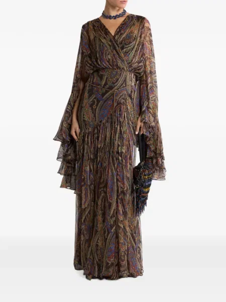 Rochie Etro de mătase cu volane cu model paisley maro