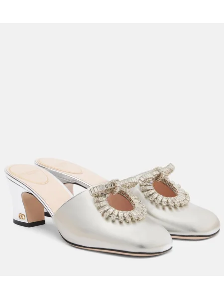 Papuci tip mules Valentino Garavani din piele argintiu