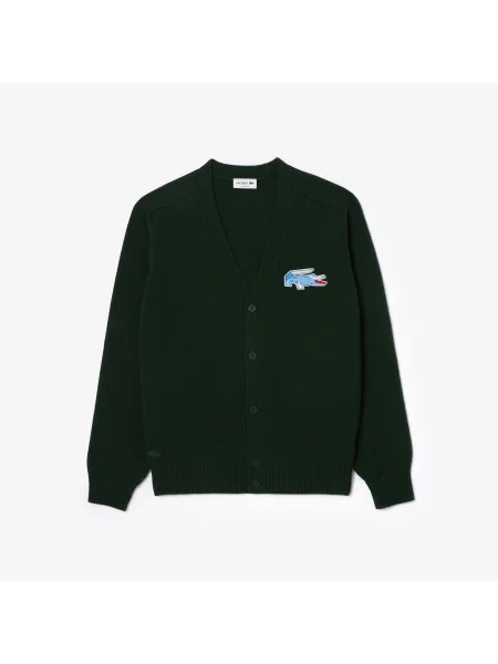 Lacoste Wełniany Kardigan Z Dekoltem V Classic Fit Ciemnozielony zielony