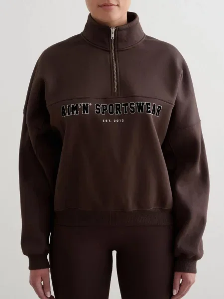 Bluza dresowa z półzamkiem drapana luźna Varsity czekoladowy brąz brązowa