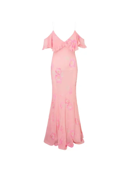 Rochie maxi Loveshackfancy cu model floral cu volane de costum roz