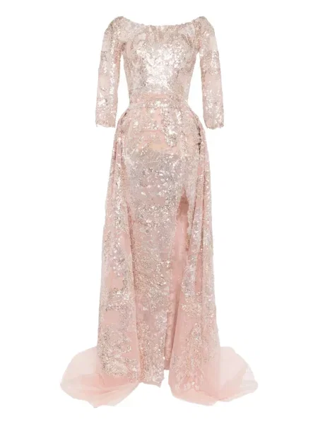 Rochie maxi Saiid Kobeisy cu broderie de costum roz