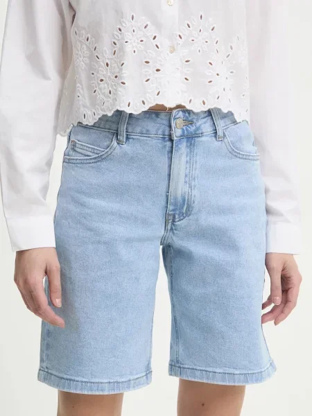 Дънков къс панталон Answear Lab с изчистен дизайн с висока талия синьо