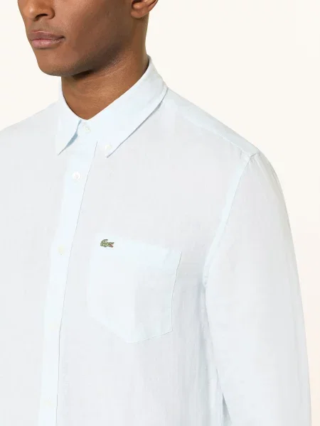 Lacoste koszula lniana regular z kołnierzykiem button-down niebieski