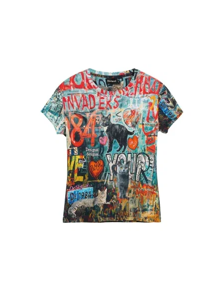 Desigual Tricou Cats cyan / roșu orange / roşu închis negru