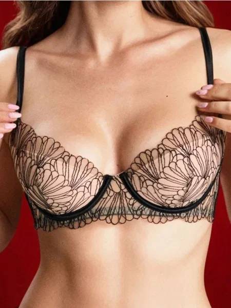 Напівущільнений бюстгальтер з вишивкою чорний