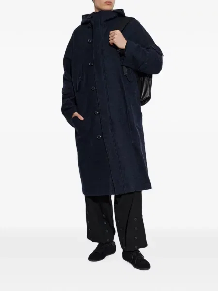Vilnonis paltas Yohji Yamamoto su gobtuvu mėlyna