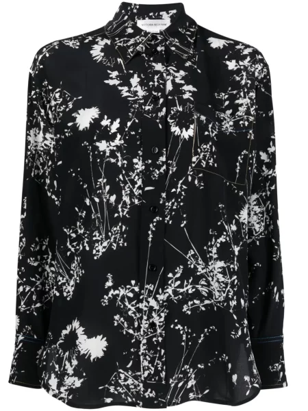 Cămașă Victoria Beckham de mătase cu model floral cu imagine negru