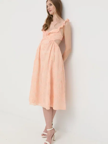 For Love & Lemons rochie midi evazati portocaliu