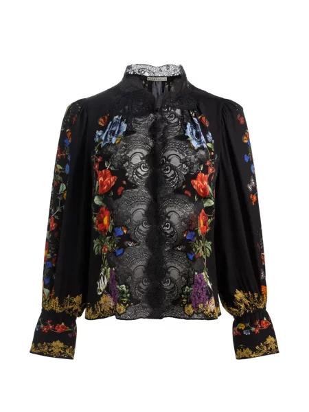 Bluză Alice + Olivia cu model floral cu imagine din dantelă negru