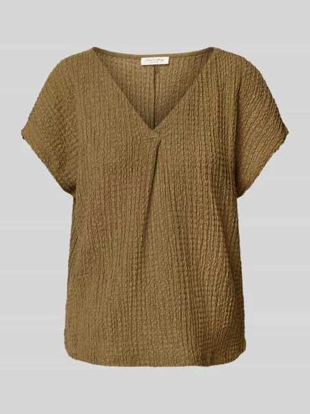 T-shirt o kroju relaxed fit z dekoltem w serek i ozdobnymi plisami Christian Berg Woman khaki