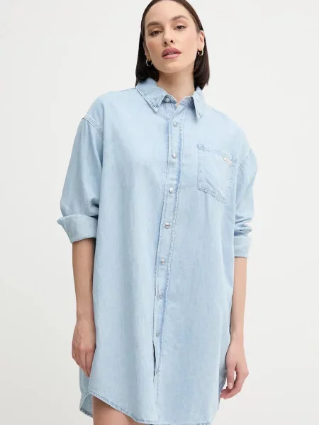 Calvin Klein Jeans sukienka z domieszką lnu mini oversize niebieski