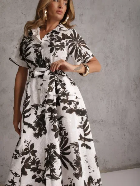 Rochie din cu imprimeu vegetal croială de cămașă și tip cravată Beithes maro