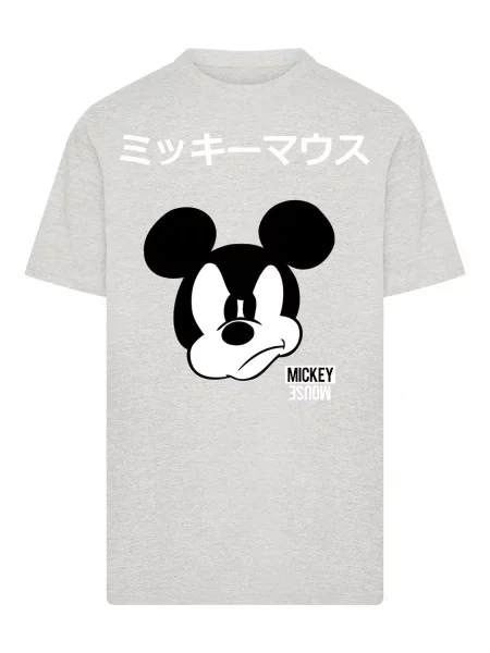 Merchcode Tričko Mickey Mouse Japanese světle šedá / černá bílá